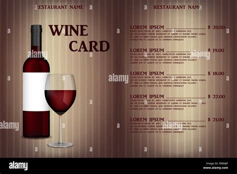 wine card menu design  realistic bottle  glass restaurant wine