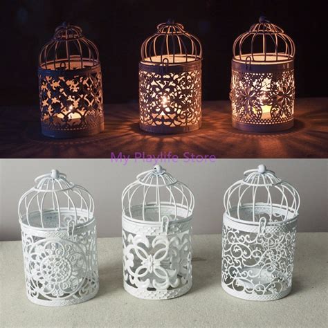 white hollow candlestick holder tealight hanging lantern bird cage