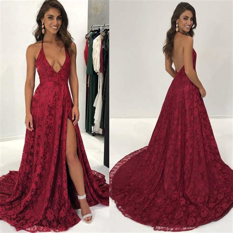 sexy halter lace dark red prom dresses 2018 women formal