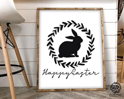 happy easter printable sign   cute silhouette bunny  etsy