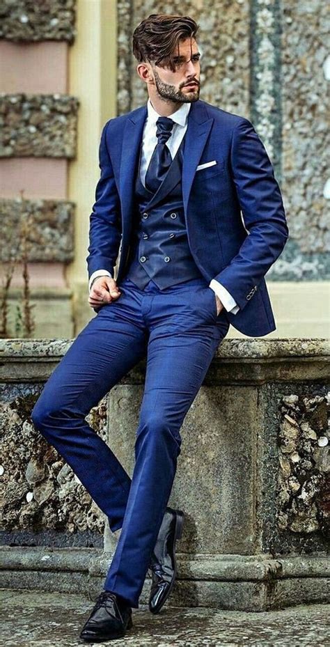 men blue  piece business summer suit slim fit  button bespoke party