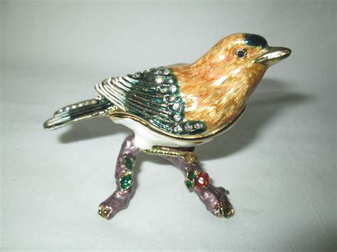 beautiful vintage trinket box enameled bird  branch tons