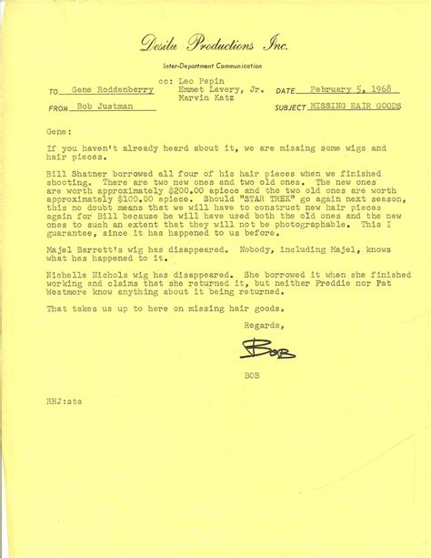 Gene Roddenberry Letter William Shatner’s Wigs Are