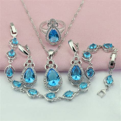 wpaitkys trendy light blue cubic zirconia silver color jewelry sets  women drop earrings