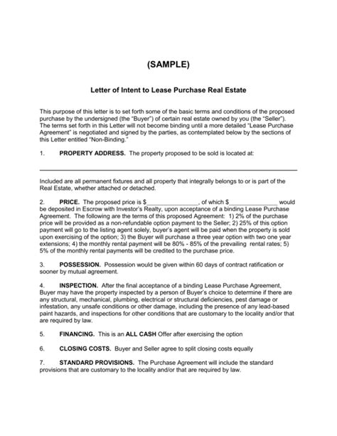 letter  intent  lease purchase real estate