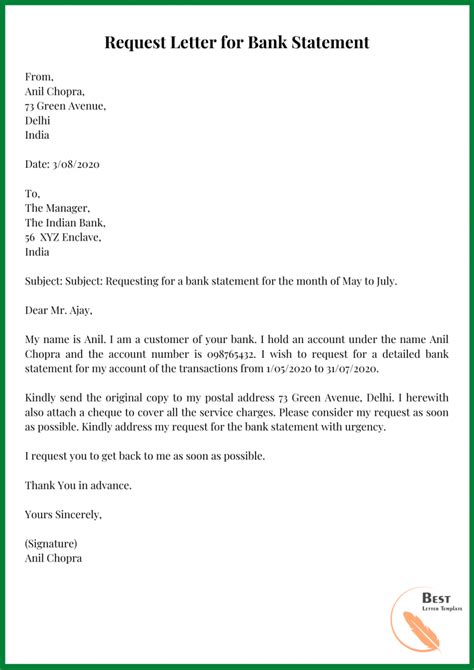 bank statement request letter template