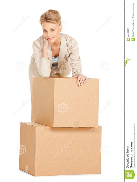 attractive businesswoman with big boxes stock image image of delivery