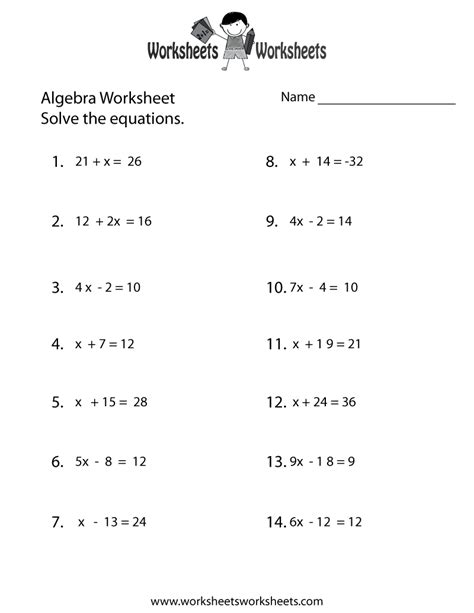 simple algebra worksheet  printable educational worksheet