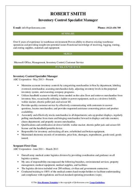 inventory control specialist resume samples qwikresume