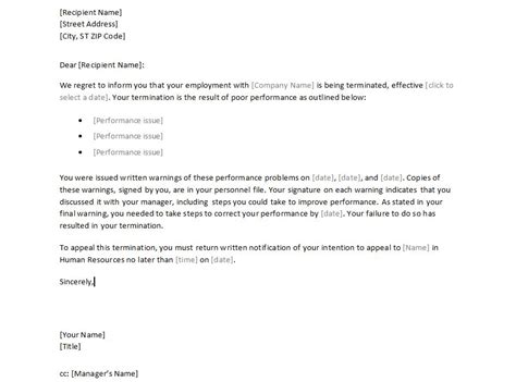 sample employee termination letter template