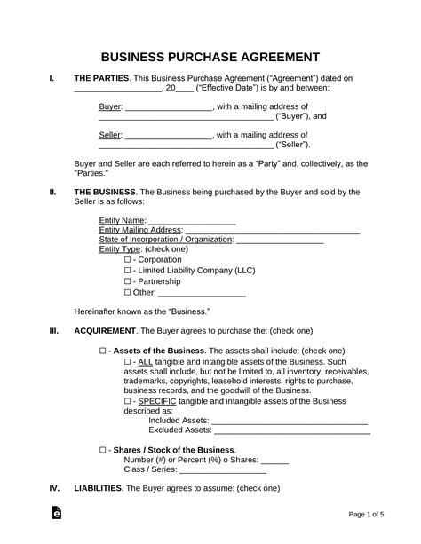 business purchase agreement bpa template  word eforms