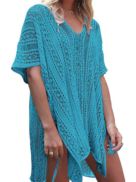 women summer knitted lace crochet swim cover up v neck hollow out