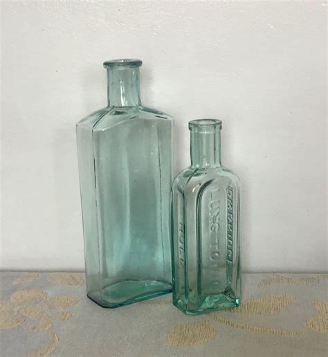 Antique Aqua Glass Bottles Pair Of Vintage Glass Bottles Aqua Glass