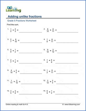 addition  subtraction  fractions   denominators worksheets