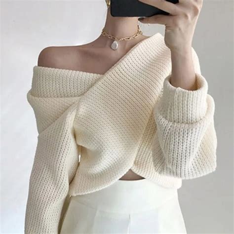 2019 winter women sexy sweater cold shoulder solid basic jumper autumn