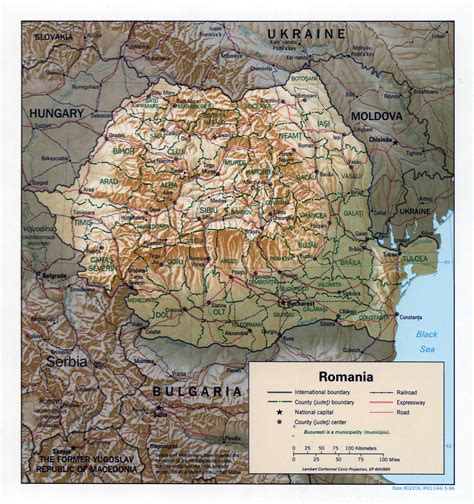 large detailed political  administrative map  romania  relief roads railroads