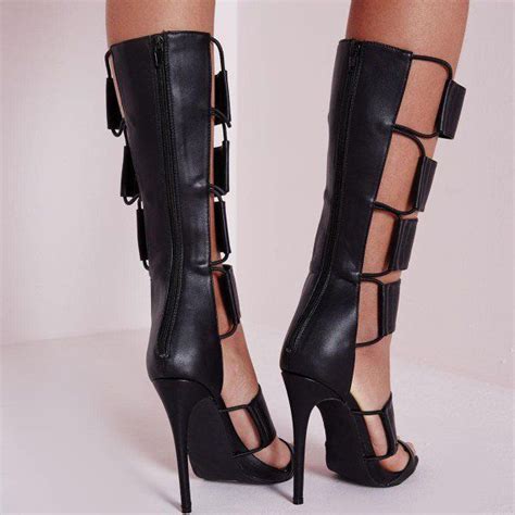 black stiletto heels strappy knee high gladiator heels