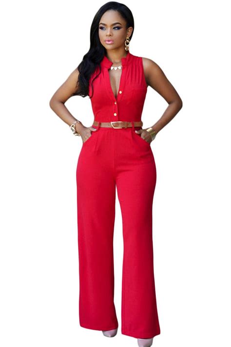 women button front waistbelt wide leg red pants jumpsuit