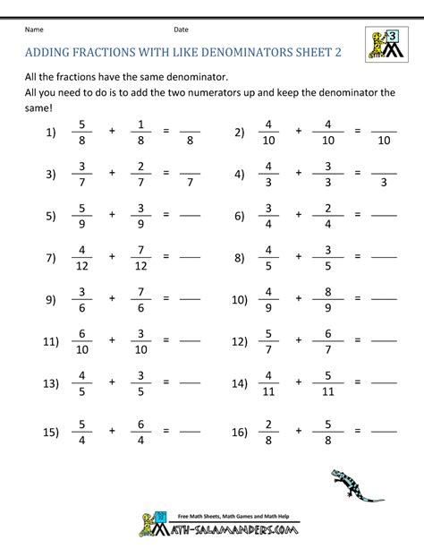 fraction worksheets adding  denominators fraction worksheet