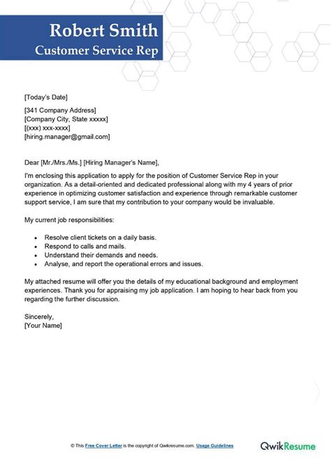 customer service rep cover letter examples qwikresume