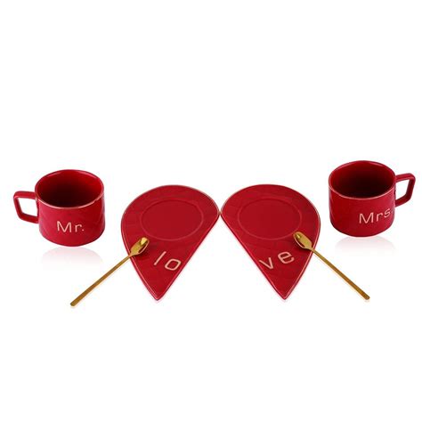 mr and mrs ceramic heart shape mugs tea cup with saucer 2pc packaging