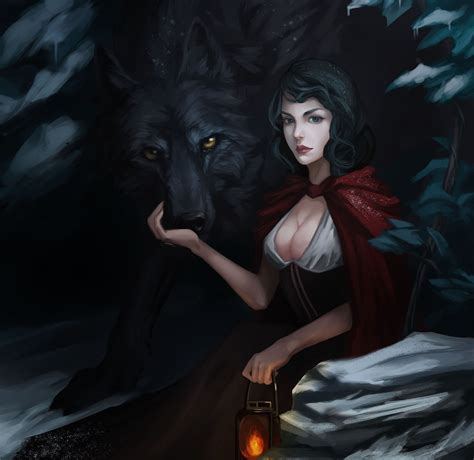 red riding hood art wolf lantern girl cloak wallpaper