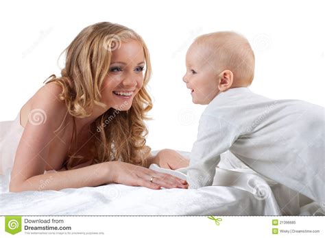 Beauty Blond Mother Look On Son Isolated Royalty Free