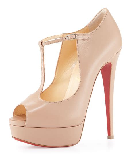 Christian Louboutin Altapoppins T Strap Platform Red Sole Pump Nude