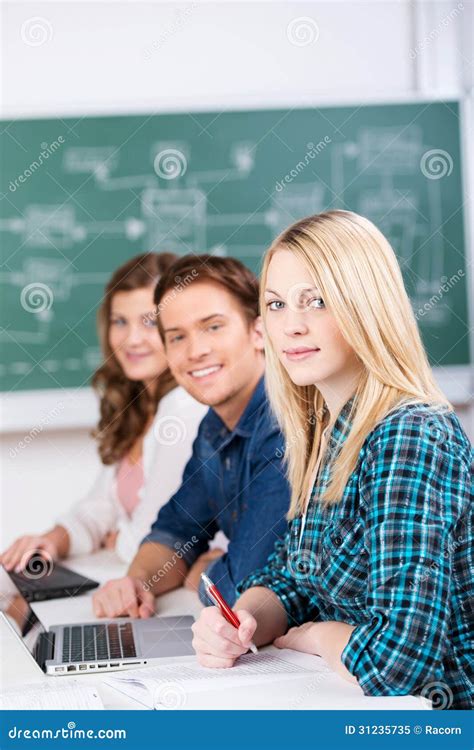 confident female student  classmates  desk stock image image  lecture high