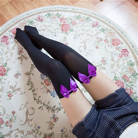 new women girl silk stocking stretch lace bow over knee thigh high