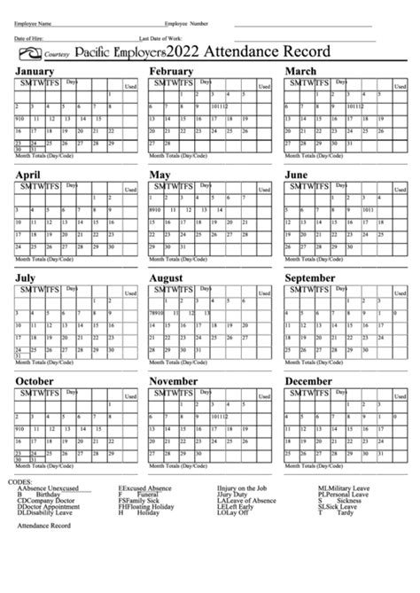 printable  employee attendance calendar   calendar