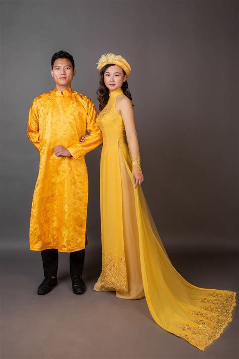 Yellow Wedding Ao Dai With Long Train Beautiful Embroidery And Hand