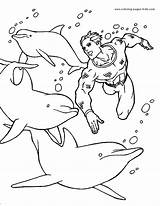 Coloring Pages Aquaman Cartoon Color Printable Kids Character Sheet Sheets Dolphins Swimming Book sketch template
