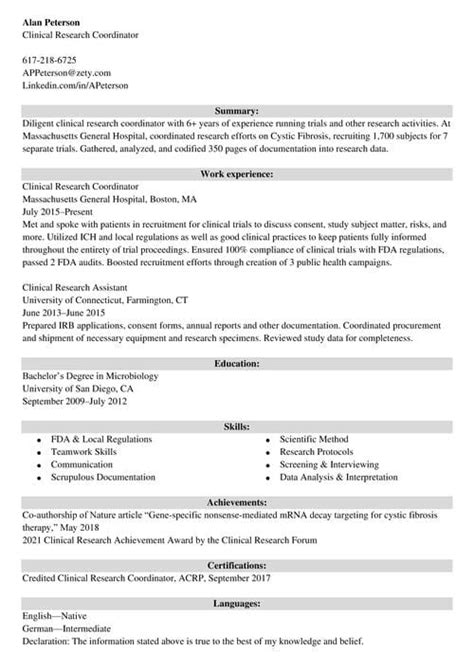 clinical research coordinator resume sample guide skills
