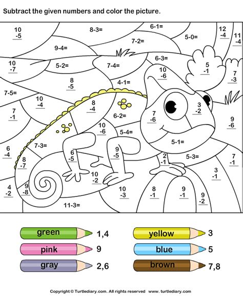 subtraction color  number worksheets worksheets