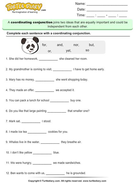write  missing coordinating conjunction turtle diary worksheet