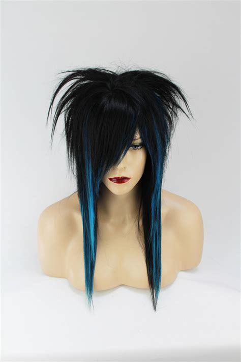 Black And Blue Human Hair Emo Long Wig Uni Sex One Size