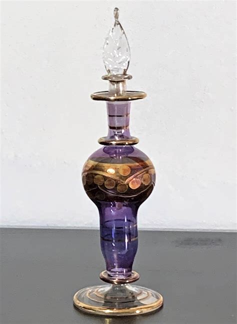Vintage Egyptian Hand Blown Glass Perfume Bottle Etched Pattern