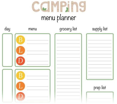 menu planner  camping perfect  weekend trips camping meal