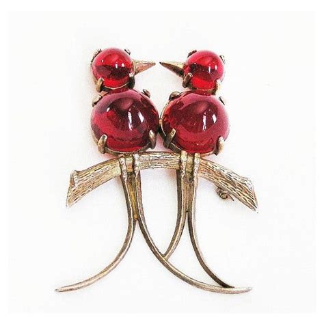 Red Glass Birds Pin Coro Glass Jelly Belly Brooch Sterling Silver