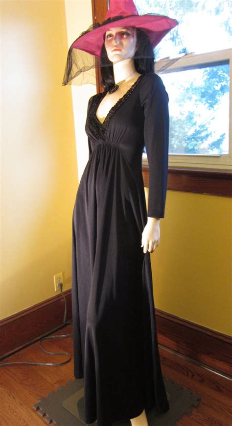 vintage 70s deep v sexy wicked witch gothic bride black maxi dress