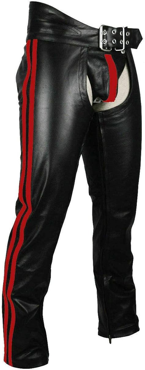 Mens Real Bikers Chaps Leather Red Stripes Leather Gay Chaps Protective
