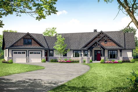 single story  bedroom rugged craftsman ranch home  angled garage house plan
