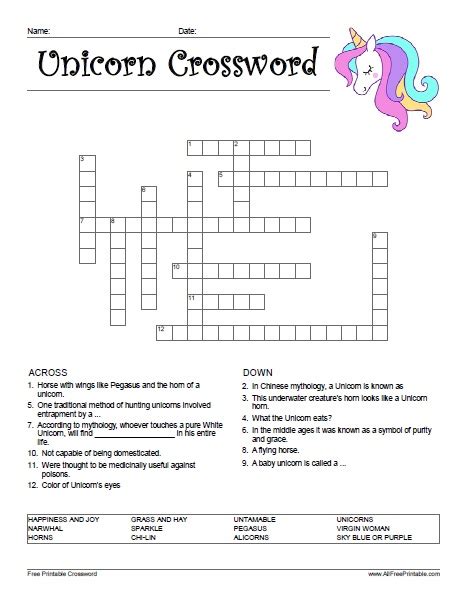 unicorn crossword  printable