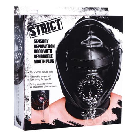 strict sensory deprivation hood with open mouth gag black