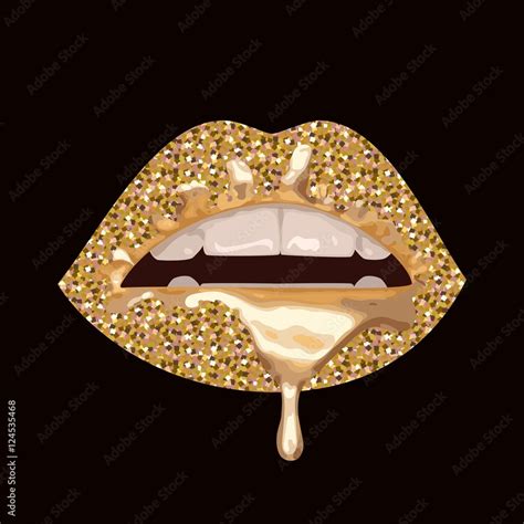 Vector Illustration With Parted Lips Gold Glitter On Sexy Lips