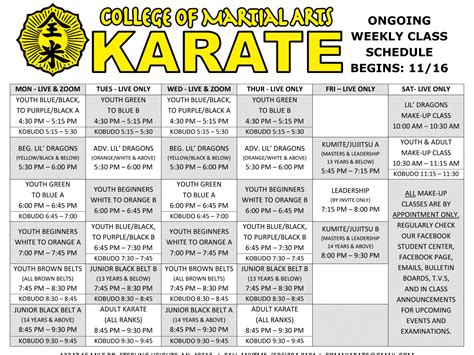 Class Schedule College Of Martial Arts