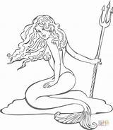 Coloring Mermaid Pages Pitchfork Holding Drawing sketch template