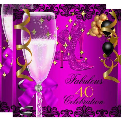 40 Fabulous Pink Black Gold 40th Champagne Party Invitation