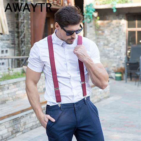 away leather male suspenders fashion adult red wine 4 clips elastic